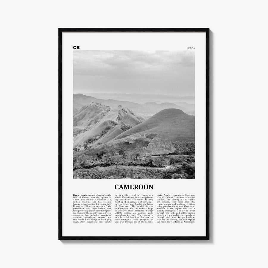 Cameroon black & white newspaper poster of Africa – vertical wall art, unframed print shown in interior mockup