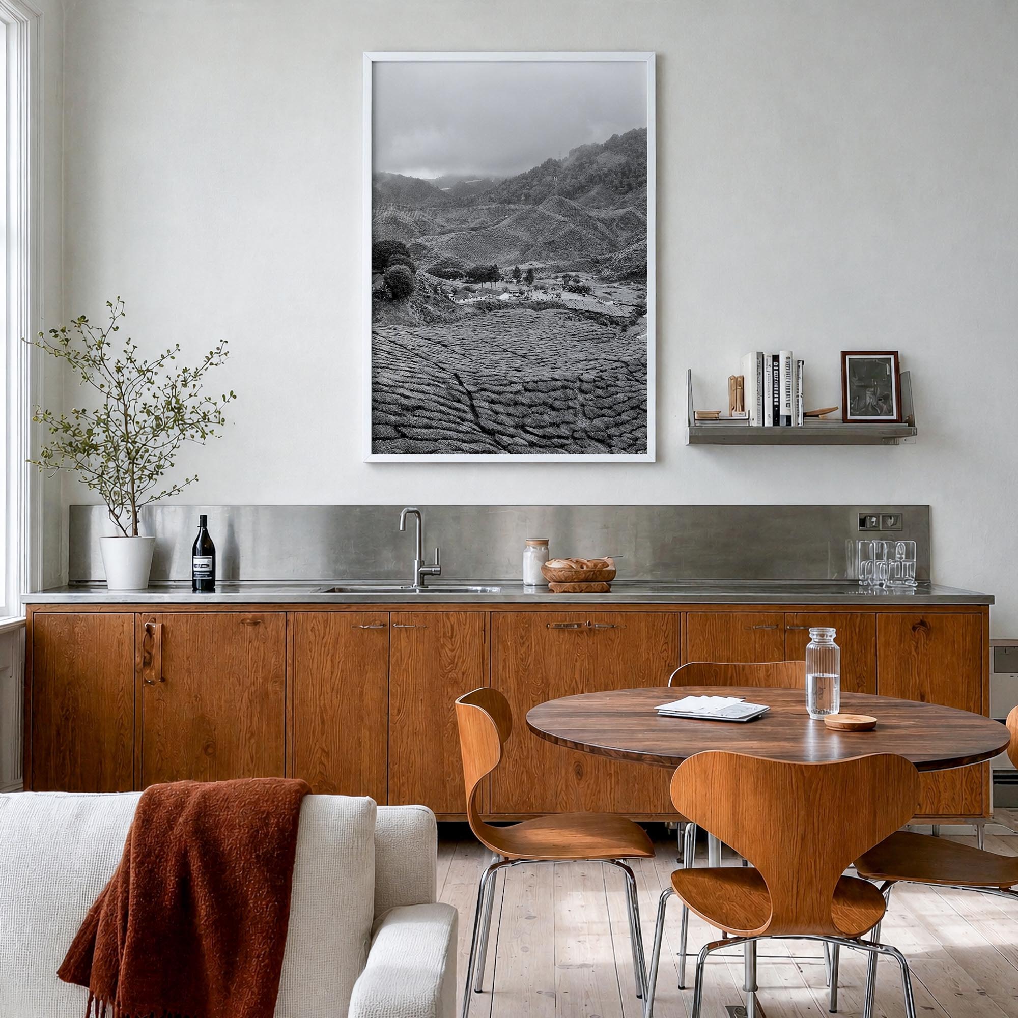 Cameroon black & white photo poster of Africa – vertical wall art in white wood frame, hanging on wall