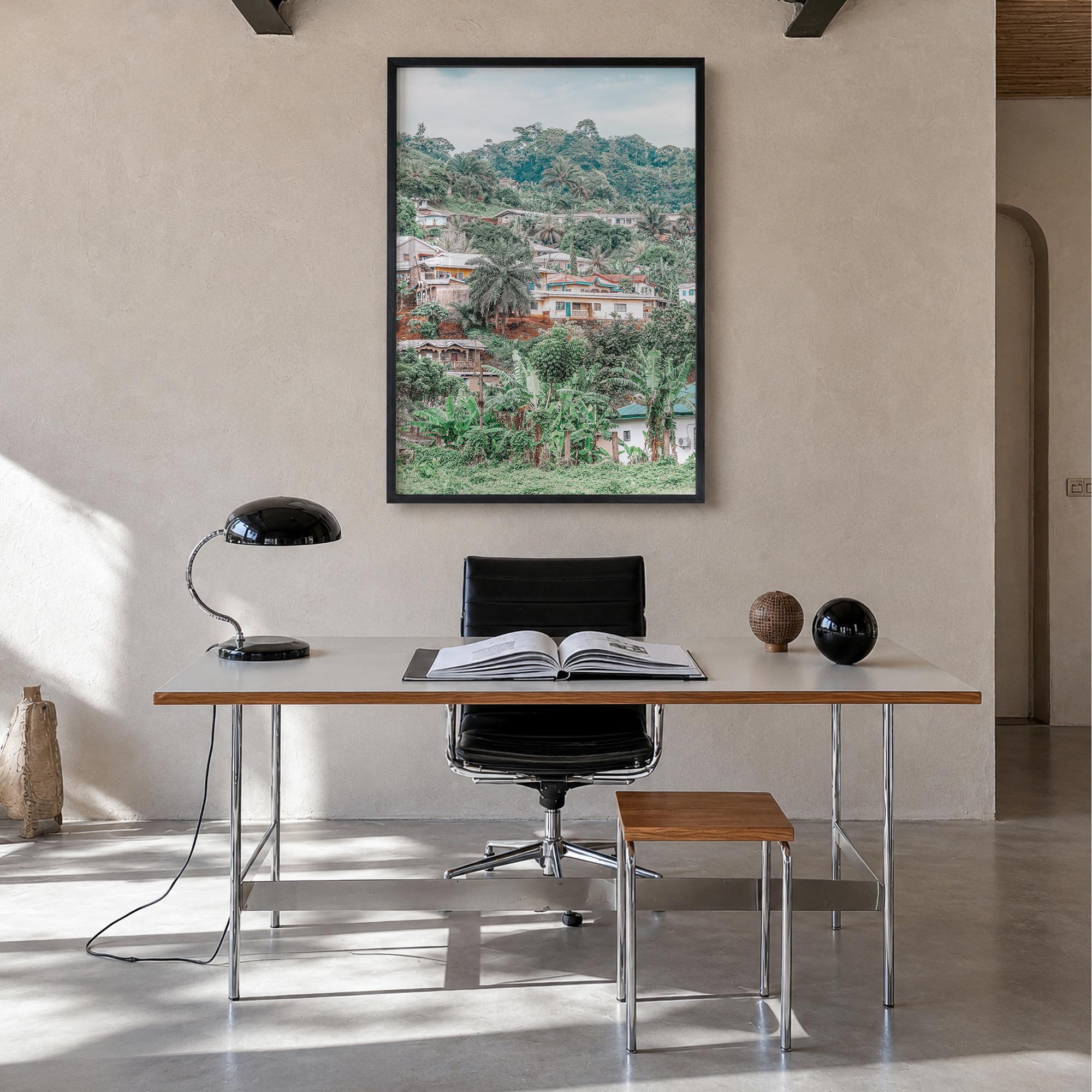 Cameroon colorful photo poster of Africa – vertical wall art in black wood frame, hanging on wall
