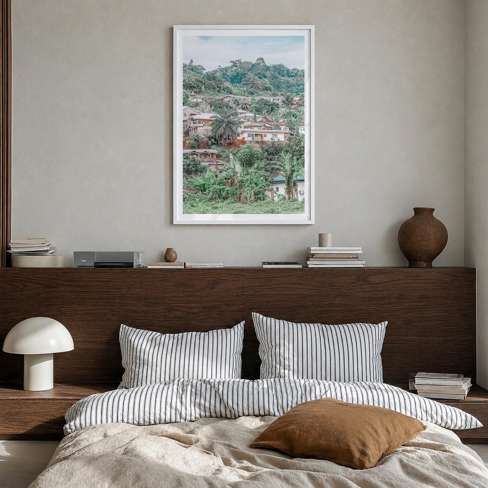 Cameroon colorful photo poster of Africa – vertical wall art in white wood frame with white border, hanging on wall