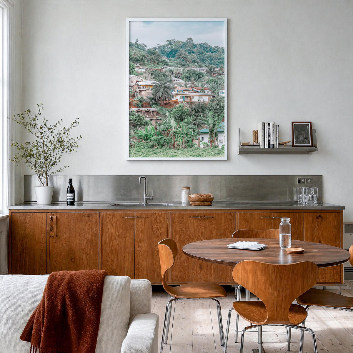 Cameroon colorful photo poster of Africa – vertical wall art in white wood frame, hanging on wall