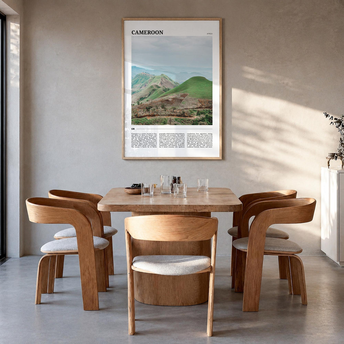 Cameroon colorful travel poster of Africa – vertical wall art in natural wood frame, hanging on wall