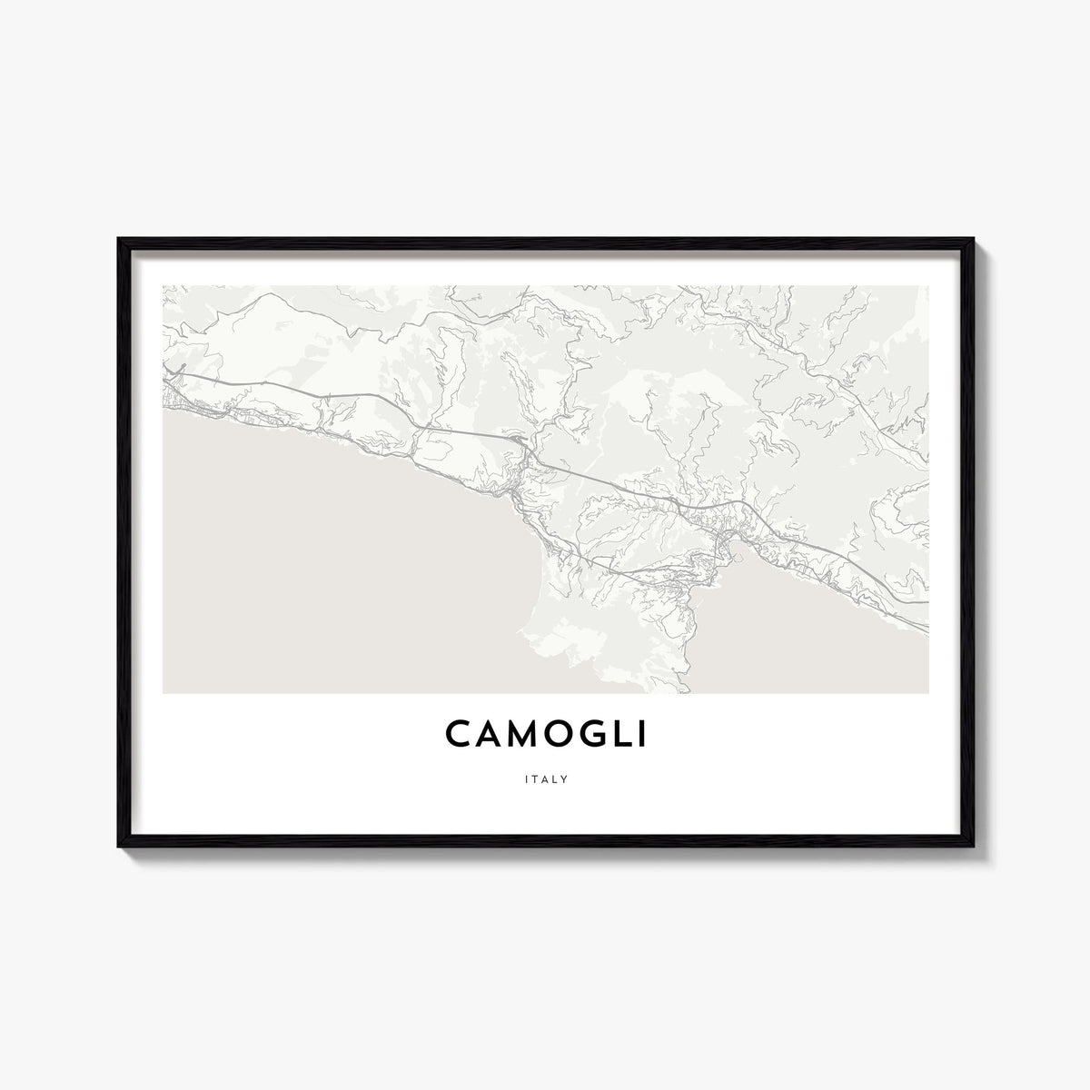 Camogli black & white map poster of Italy – horizontal wall art, unframed print shown in interior mockup