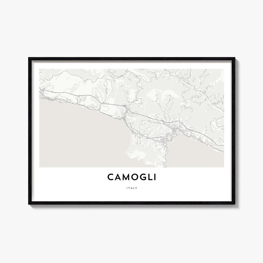 Camogli black & white map poster of Italy – horizontal wall art, unframed print shown in interior mockup