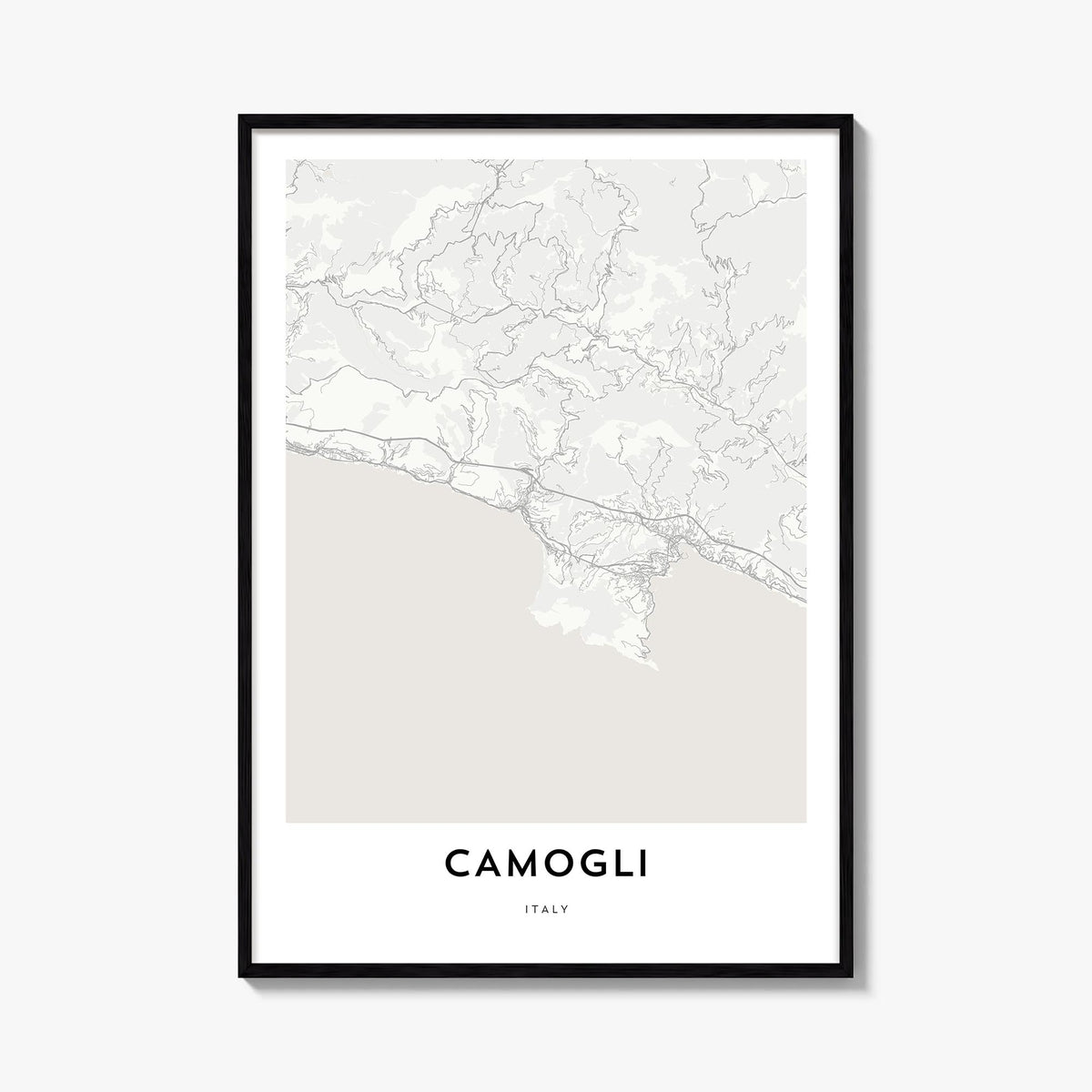 Camogli black & white map poster of Italy – vertical wall art, unframed print shown in interior mockup