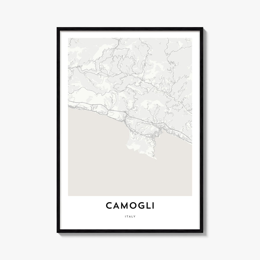 Camogli black & white map poster of Italy – vertical wall art, unframed print shown in interior mockup