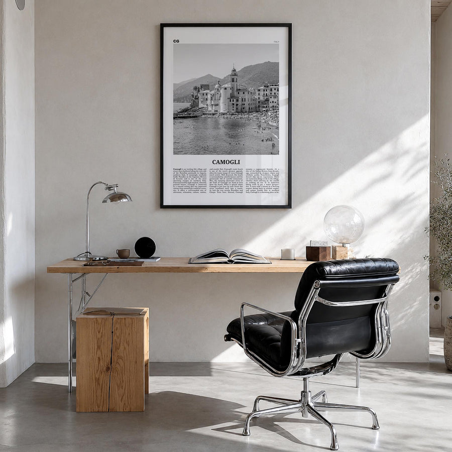 Camogli black & white newspaper poster of Italy – vertical wall art in black wood frame, hanging on wall
