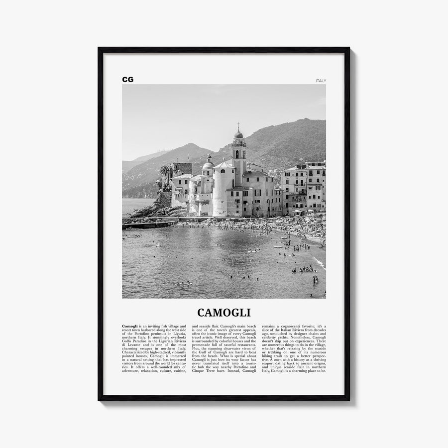 Camogli black & white newspaper poster of Italy – vertical wall art, unframed print shown in interior mockup