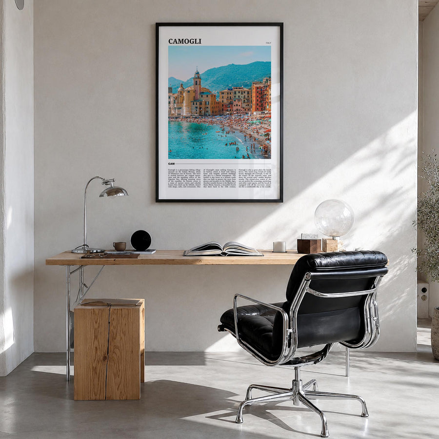Camogli colorful travel poster of Italy – vertical wall art in black wood frame, hanging on wall
