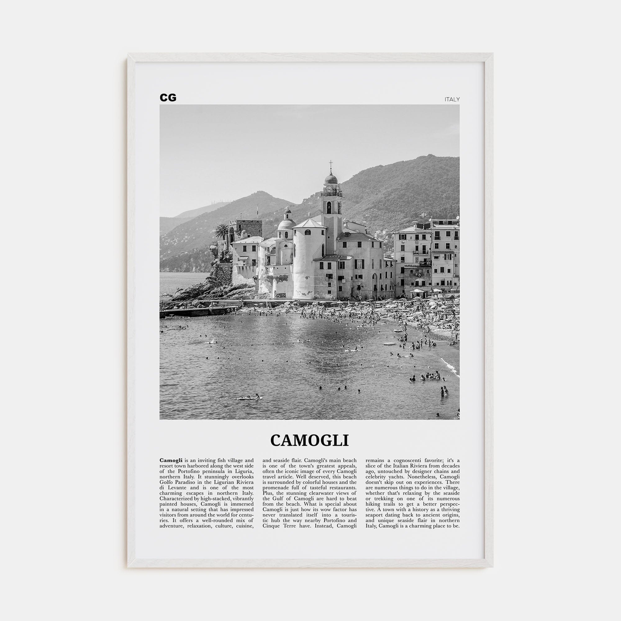 Camogli Poster White Wood / 8x12 in Nbourhood Travel B&W Poster