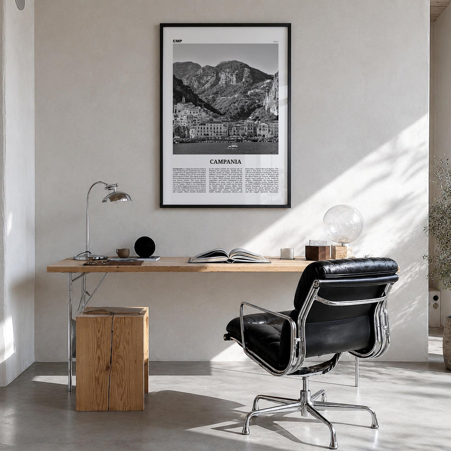Campania black & white newspaper poster of Italy – vertical wall art in black wood frame, hanging on wall