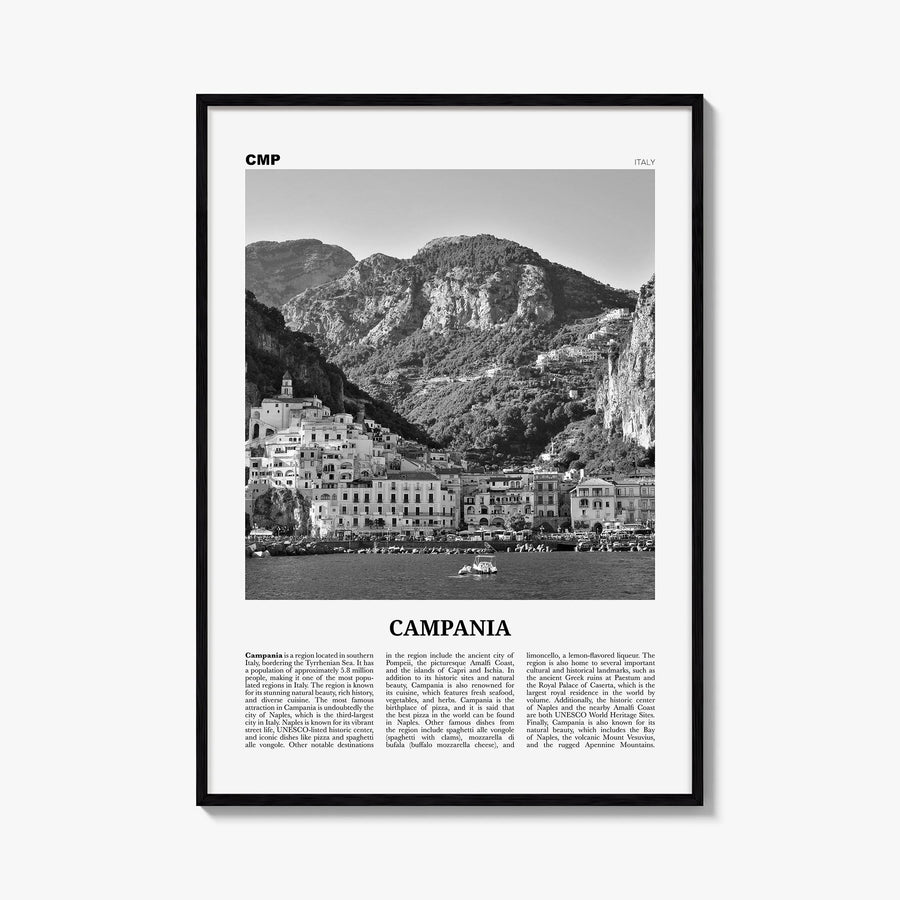 Campania black & white newspaper poster of Italy – vertical wall art, unframed print shown in interior mockup
