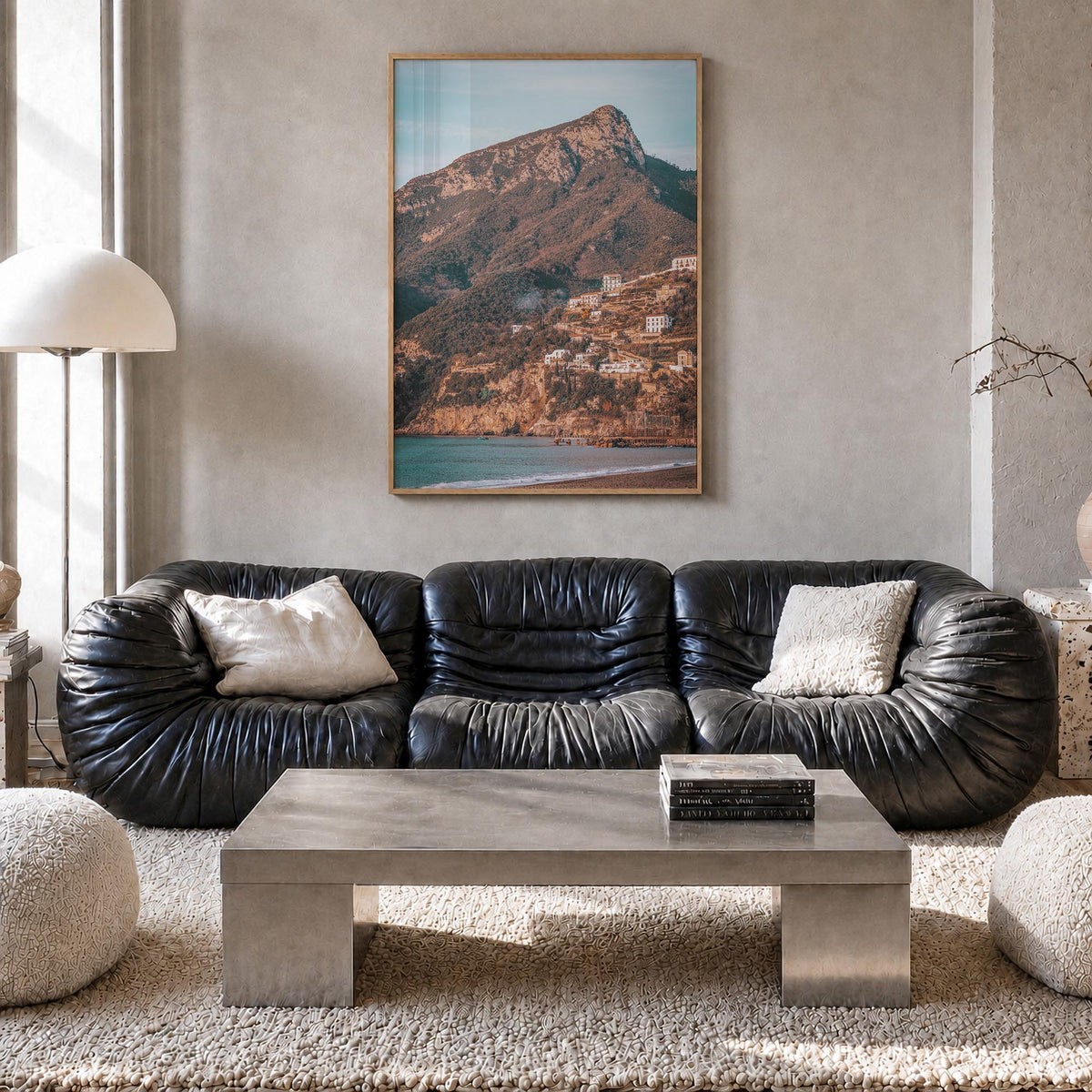 Campania colorful photo poster of Italy – vertical wall art in natural wood frame, hanging on wall
