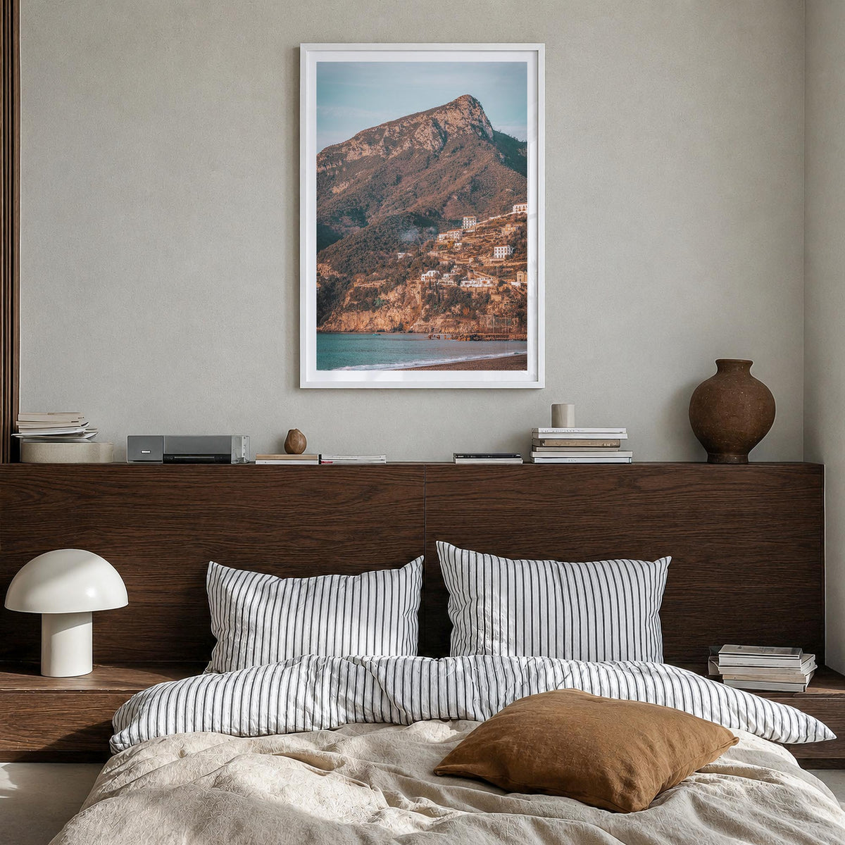 Campania colorful photo poster of Italy – vertical wall art in white wood frame with white border, hanging on wall