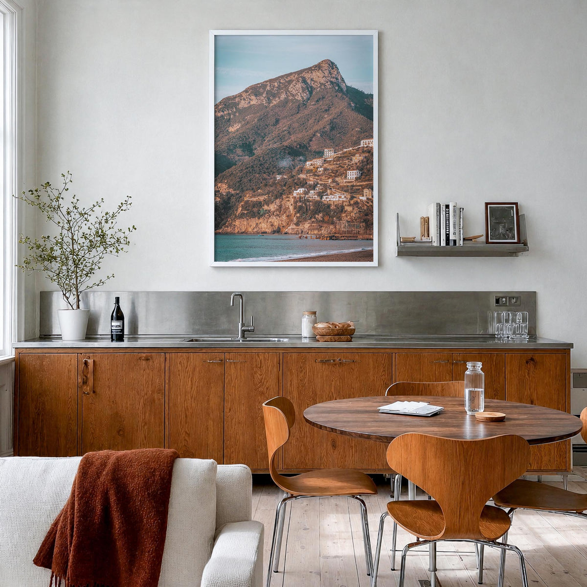 Campania colorful photo poster of Italy – vertical wall art in white wood frame, hanging on wall