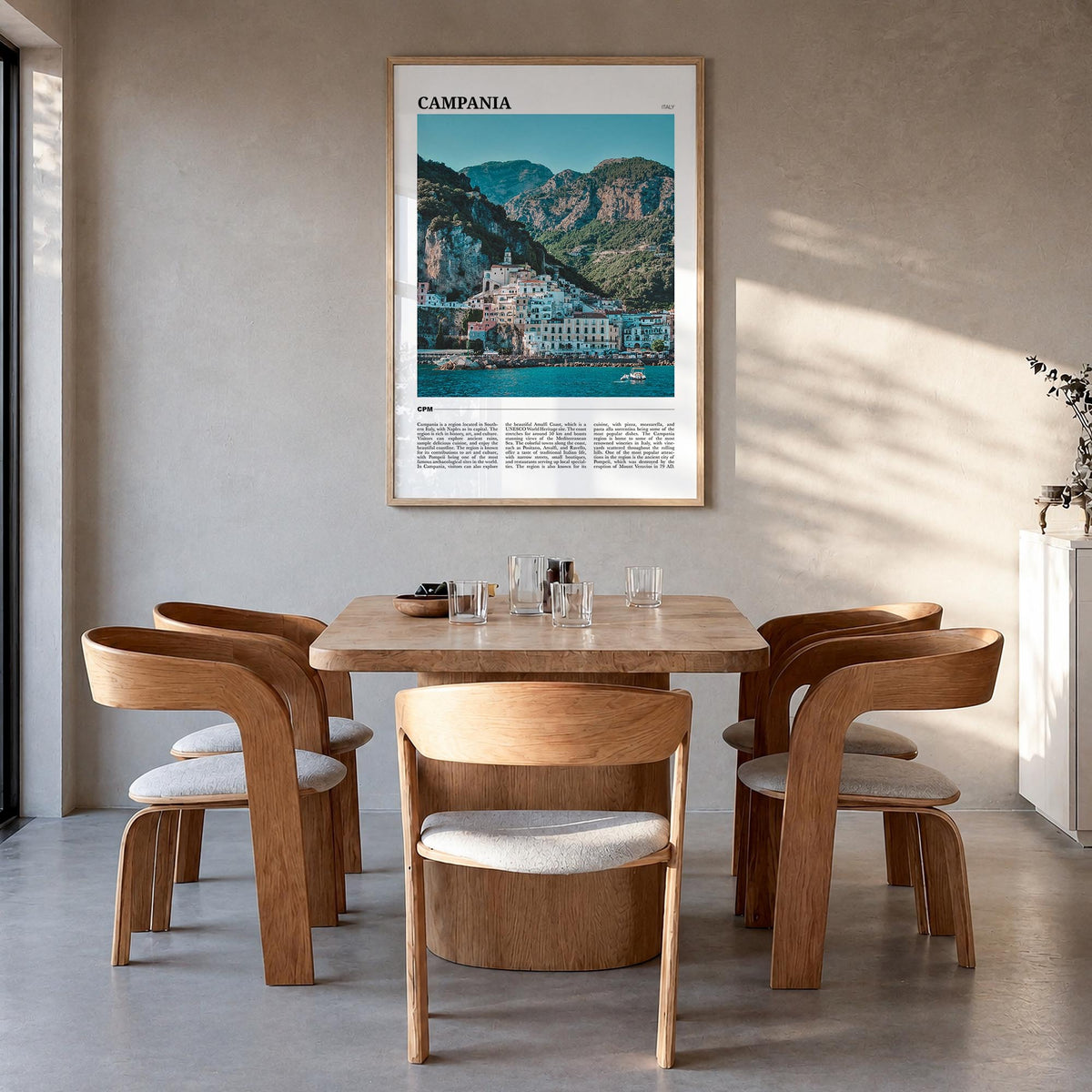 Campania colorful travel poster of Italy – vertical wall art in natural wood frame, hanging on wall