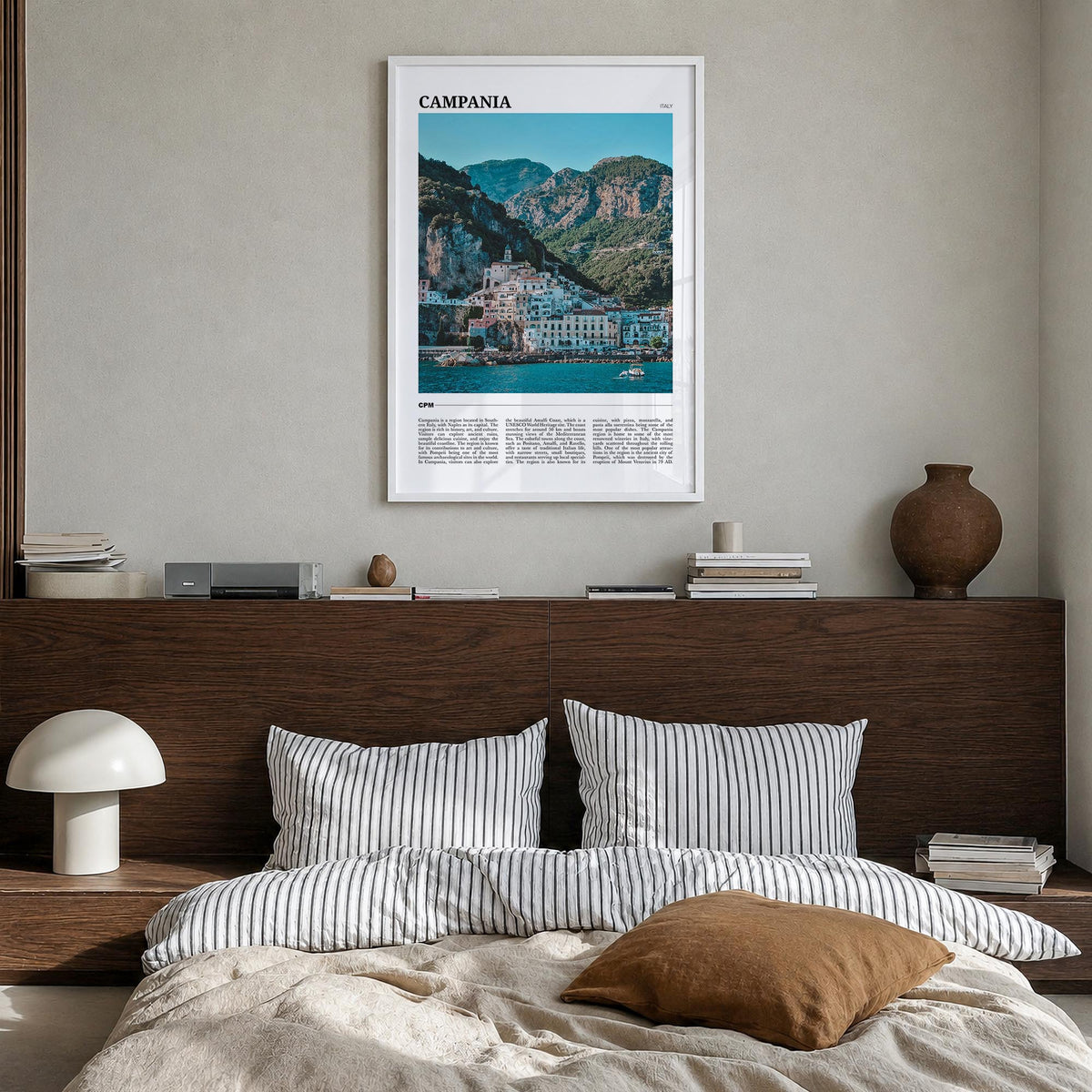 Campania colorful travel poster of Italy – vertical wall art in white wood frame, hanging on wall