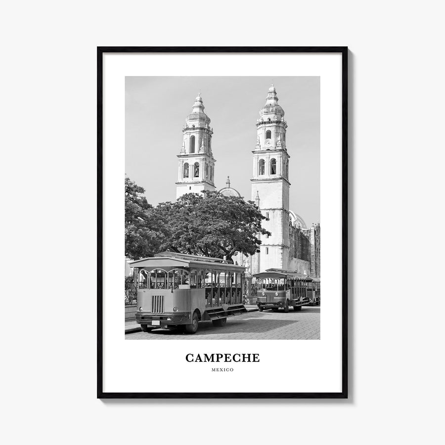 Campeche black & white classic poster of Mexico – vertical wall art, unframed print shown in interior mockup