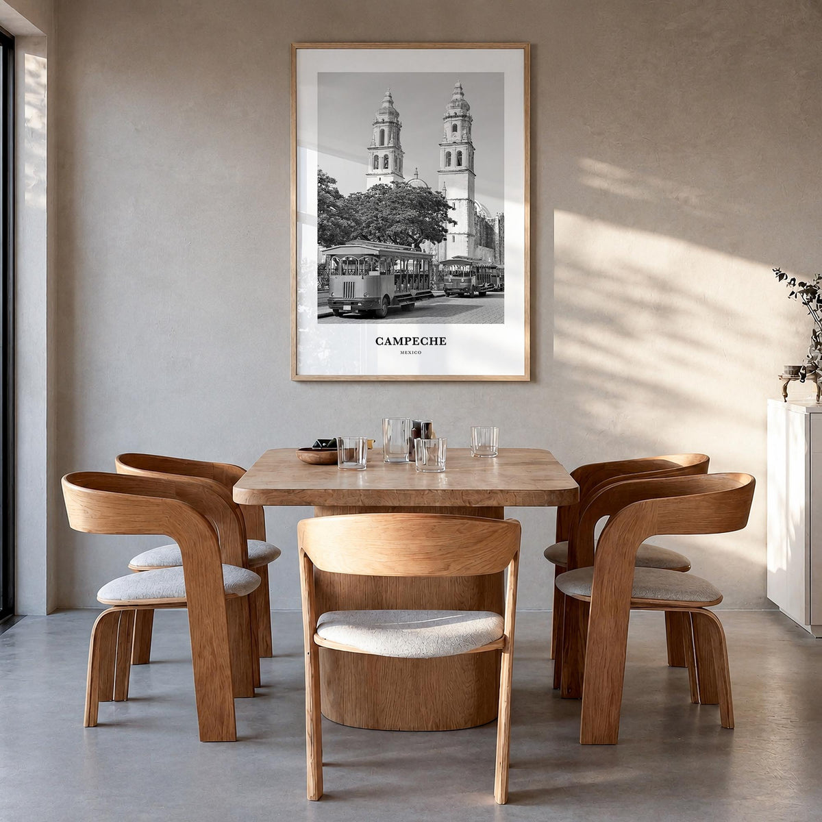 Campeche black & white classic poster of Mexico – vertical wall art in natural wood frame, hanging on wall