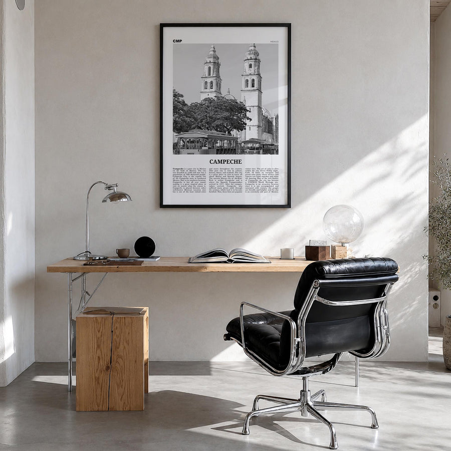 Campeche black & white newspaper poster of Mexico – vertical wall art in black wood frame, hanging on wall