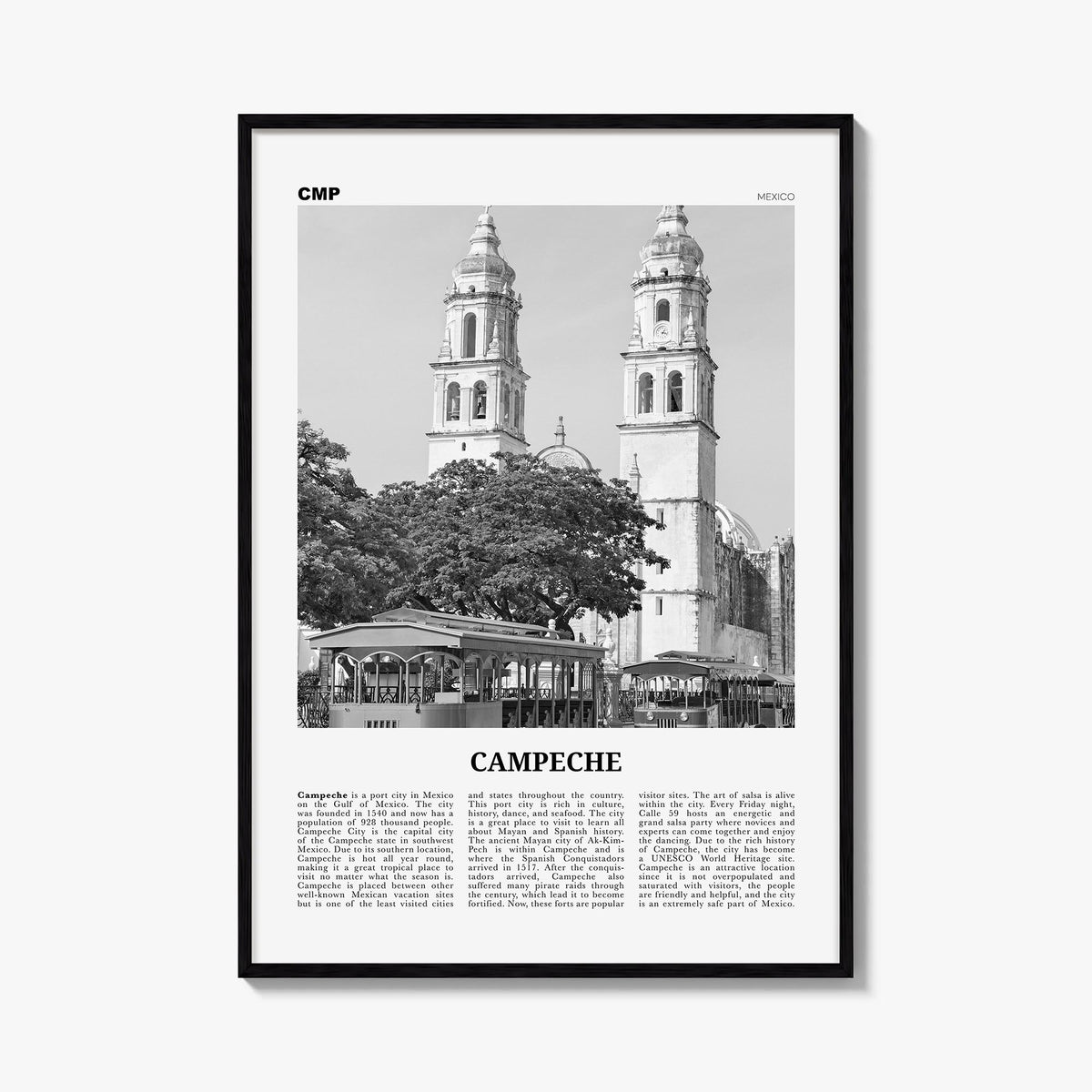 Campeche black & white newspaper poster of Mexico – vertical wall art, unframed print shown in interior mockup