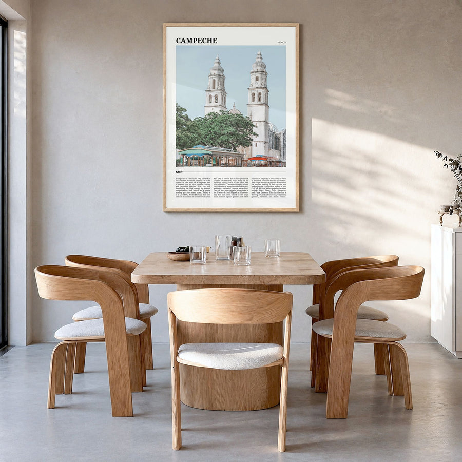 Campeche Travel Poster in a natural wood frame, hanging in a dining room