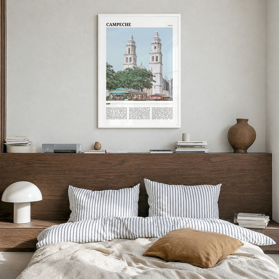 Campeche Travel Poster in a white wood frame, hanging in a bedroom
