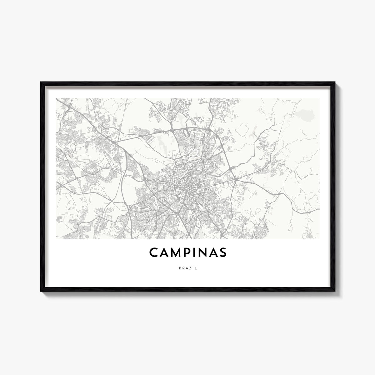 Campinas black & white map poster of Brazil – horizontal wall art, unframed print shown in interior mockup