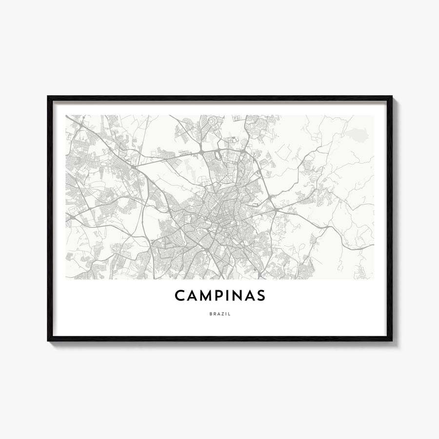 Campinas black & white map poster of Brazil – horizontal wall art, unframed print shown in interior mockup