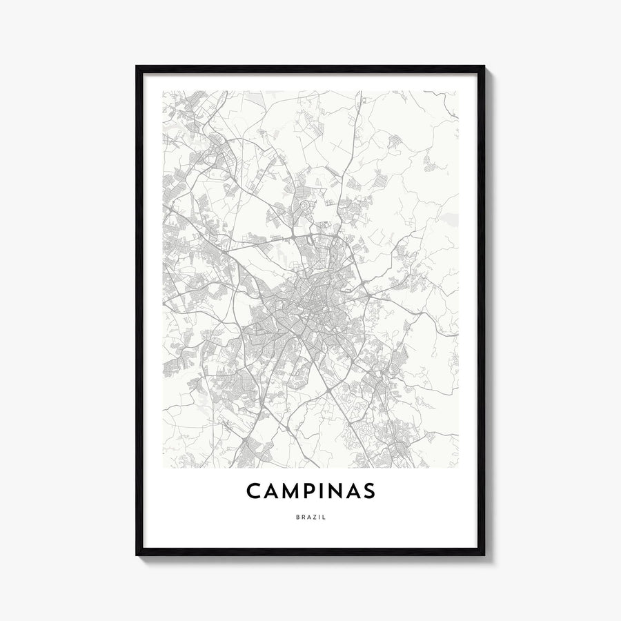 Campinas black & white map poster of Brazil – vertical wall art, unframed print shown in interior mockup