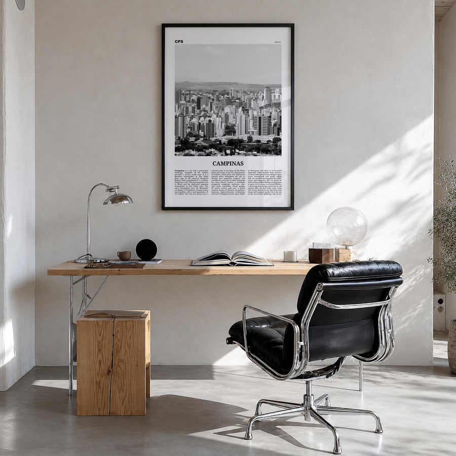 Campinas black & white newspaper poster of Brazil – vertical wall art in black wood frame, hanging on wall