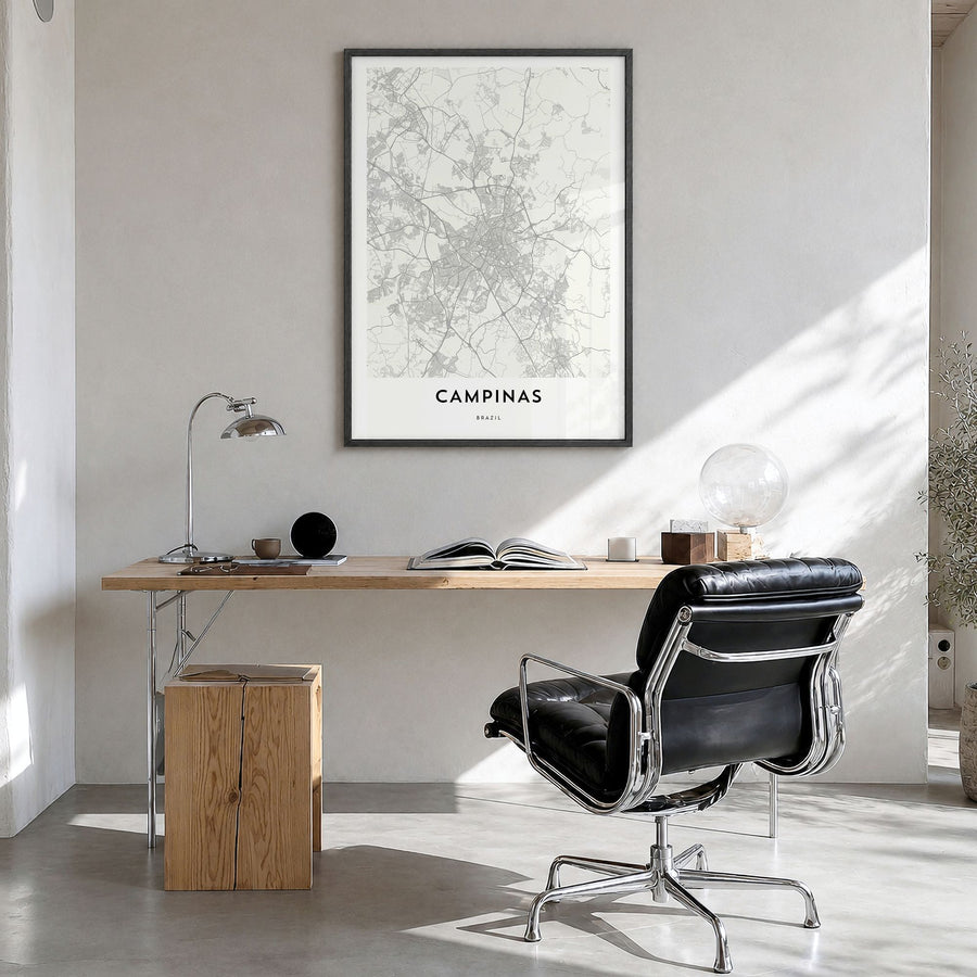 Campinas Map Poster in a black wood frame, hanging in a bright home office
