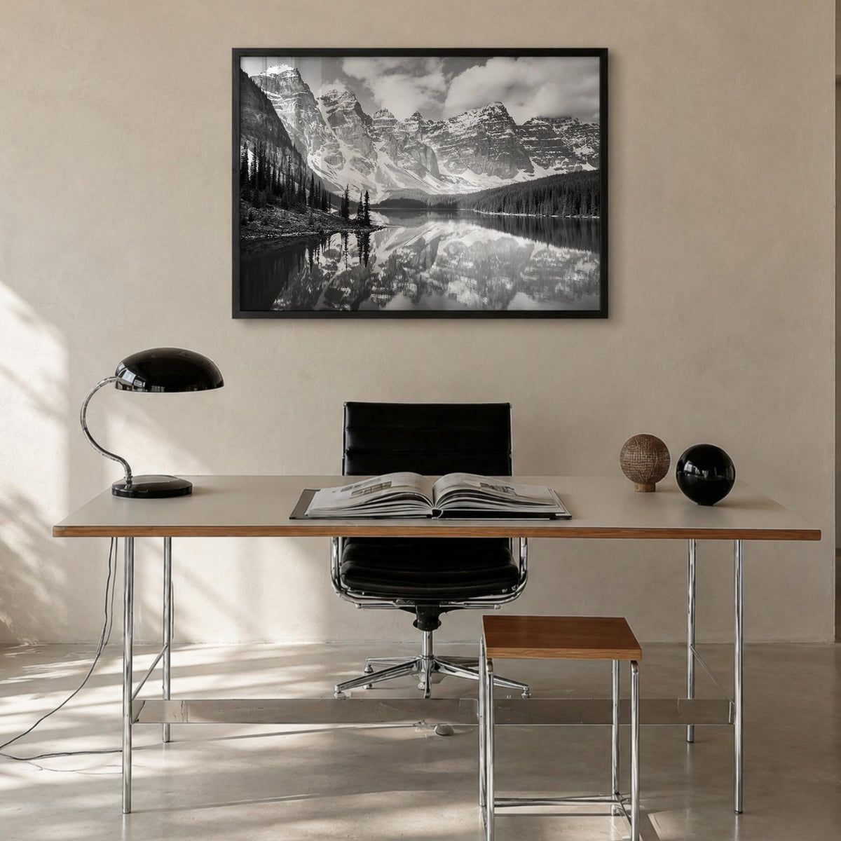 Canada black & white photo poster of North America – horizontal wall art in black wood frame, hanging on wall