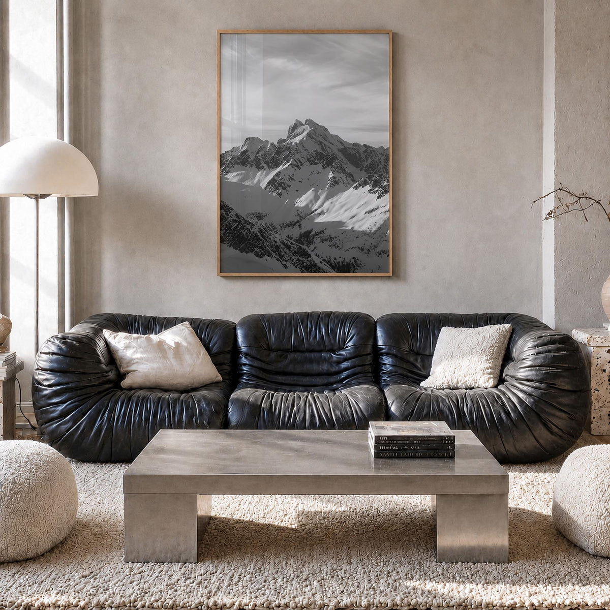 Canada black & white photo poster of North America – vertical wall art in natural wood frame, hanging on wall