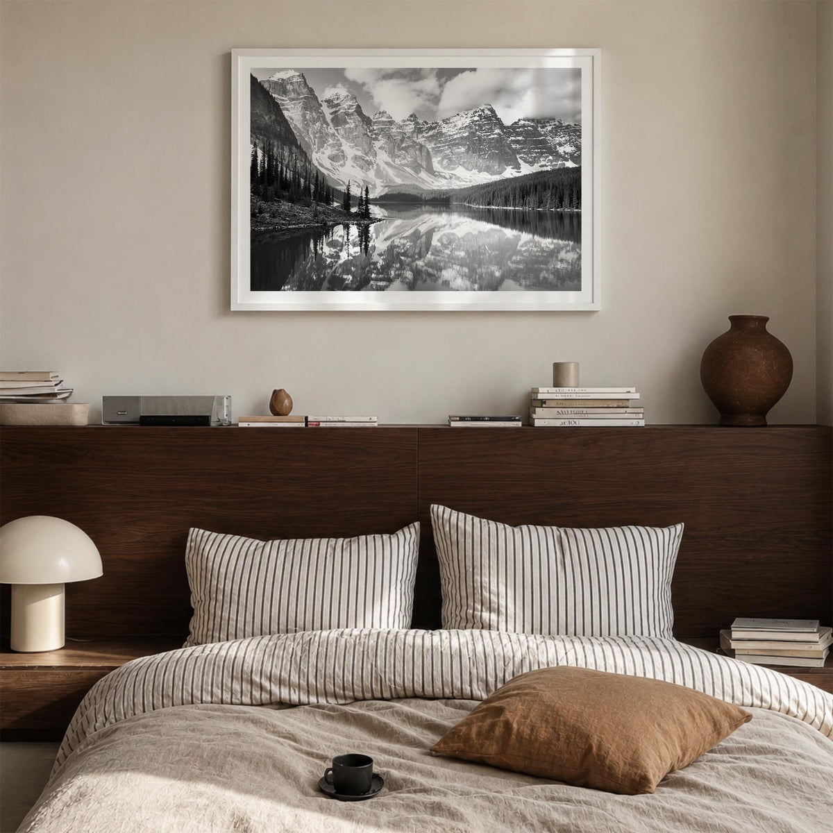 Canada black & white photo poster of North America – horizontal wall art in white wood frame with white border, hanging on wa