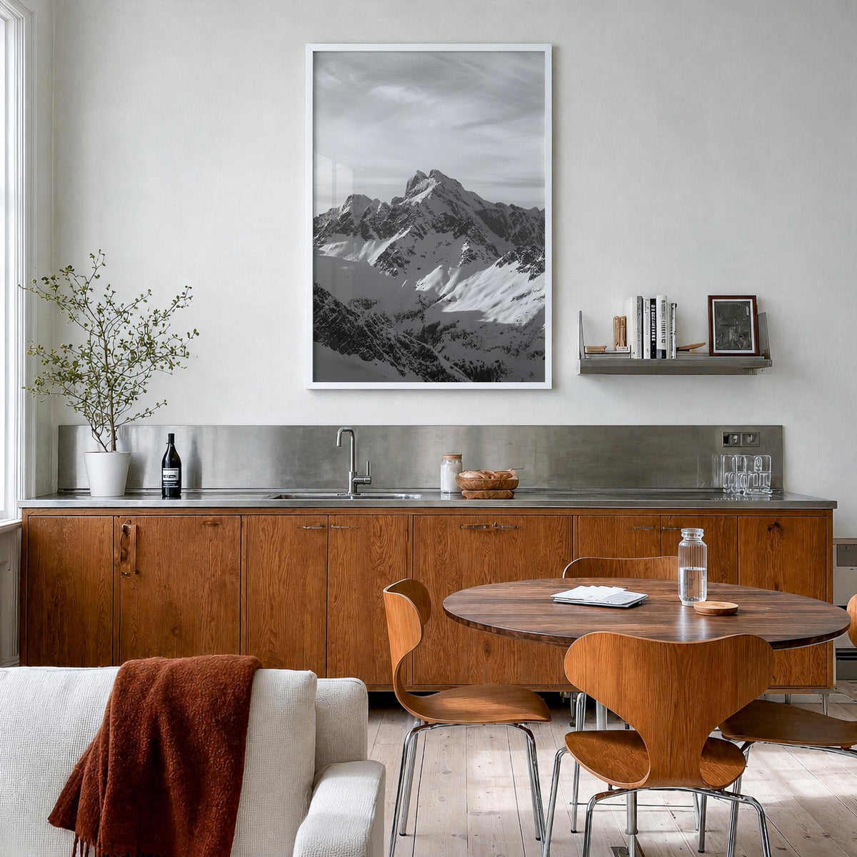 Canada black & white photo poster of North America – vertical wall art in white wood frame, hanging on wall