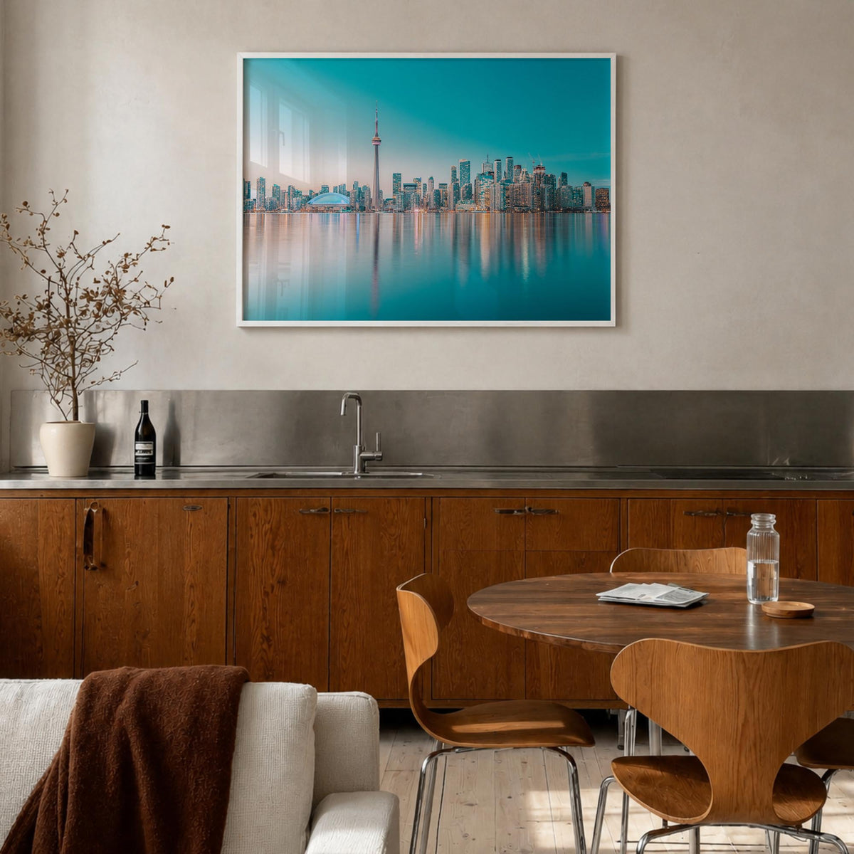 Canada colorful photo poster of North America – horizontal wall art in white wood frame, hanging on wall