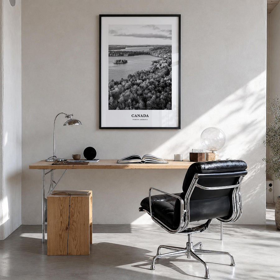 Canada no. 1 black & white classic poster of North America – vertical wall art in black wood frame, hanging on wall
