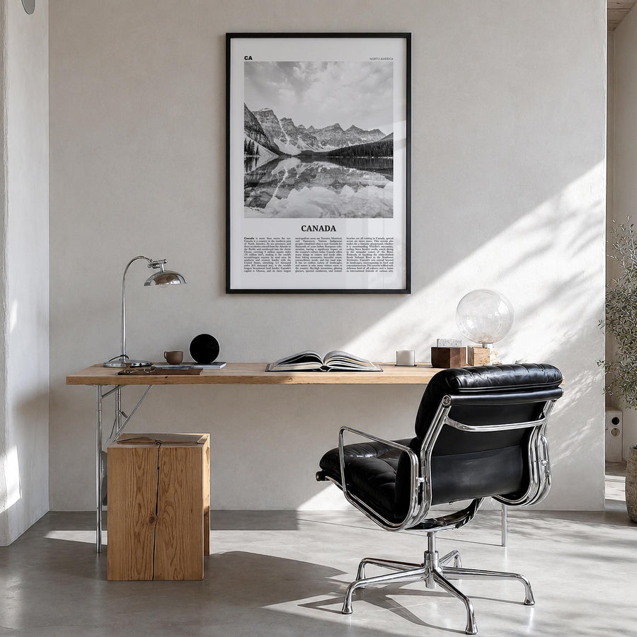Canada no. 1 black & white newspaper poster of North America – vertical wall art in black wood frame, hanging on wall