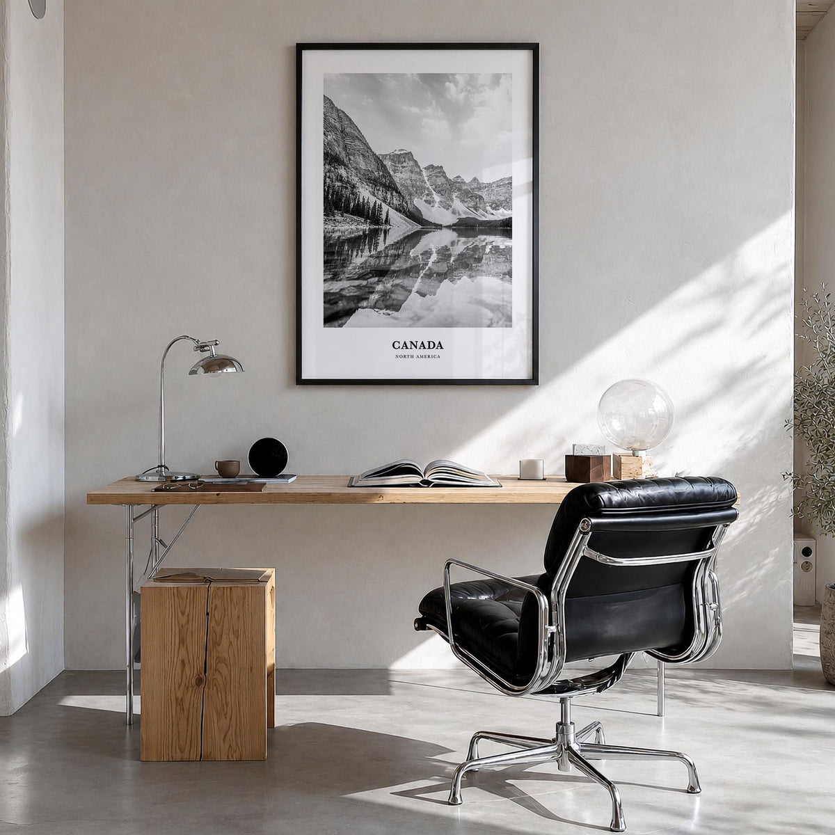 Canada no. 2 black & white classic poster of North America – vertical wall art in black wood frame, hanging on wall