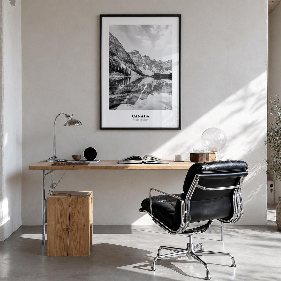 Canada no. 2 black & white classic poster of North America – vertical wall art in black wood frame, hanging on wall