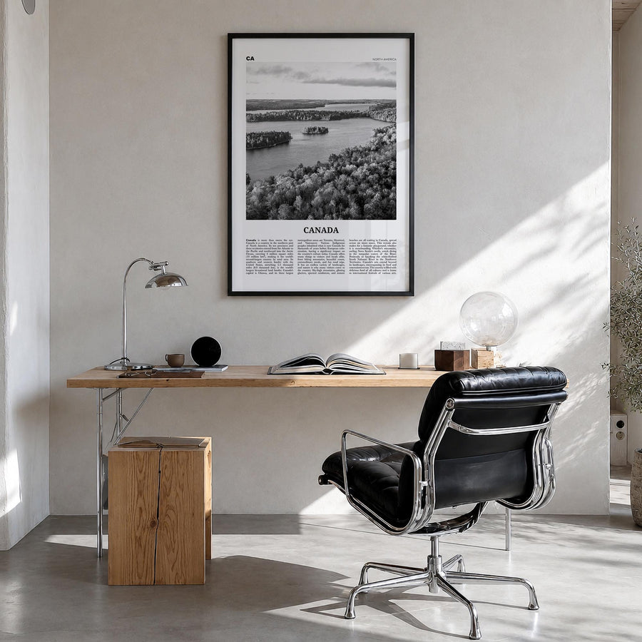 Canada no. 2 black & white newspaper poster of North America – vertical wall art in black wood frame, hanging on wall