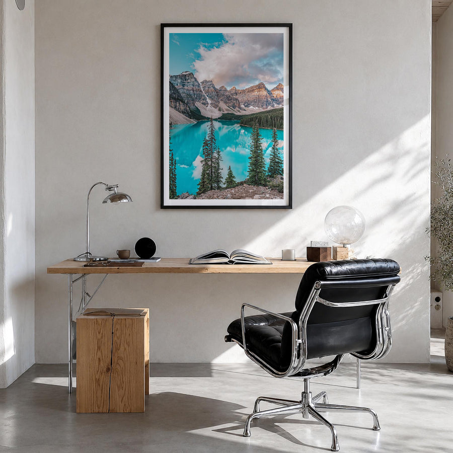 Canada no. 2 colorful photo poster of North America – vertical wall art in black wood frame with white border, hanging on wal