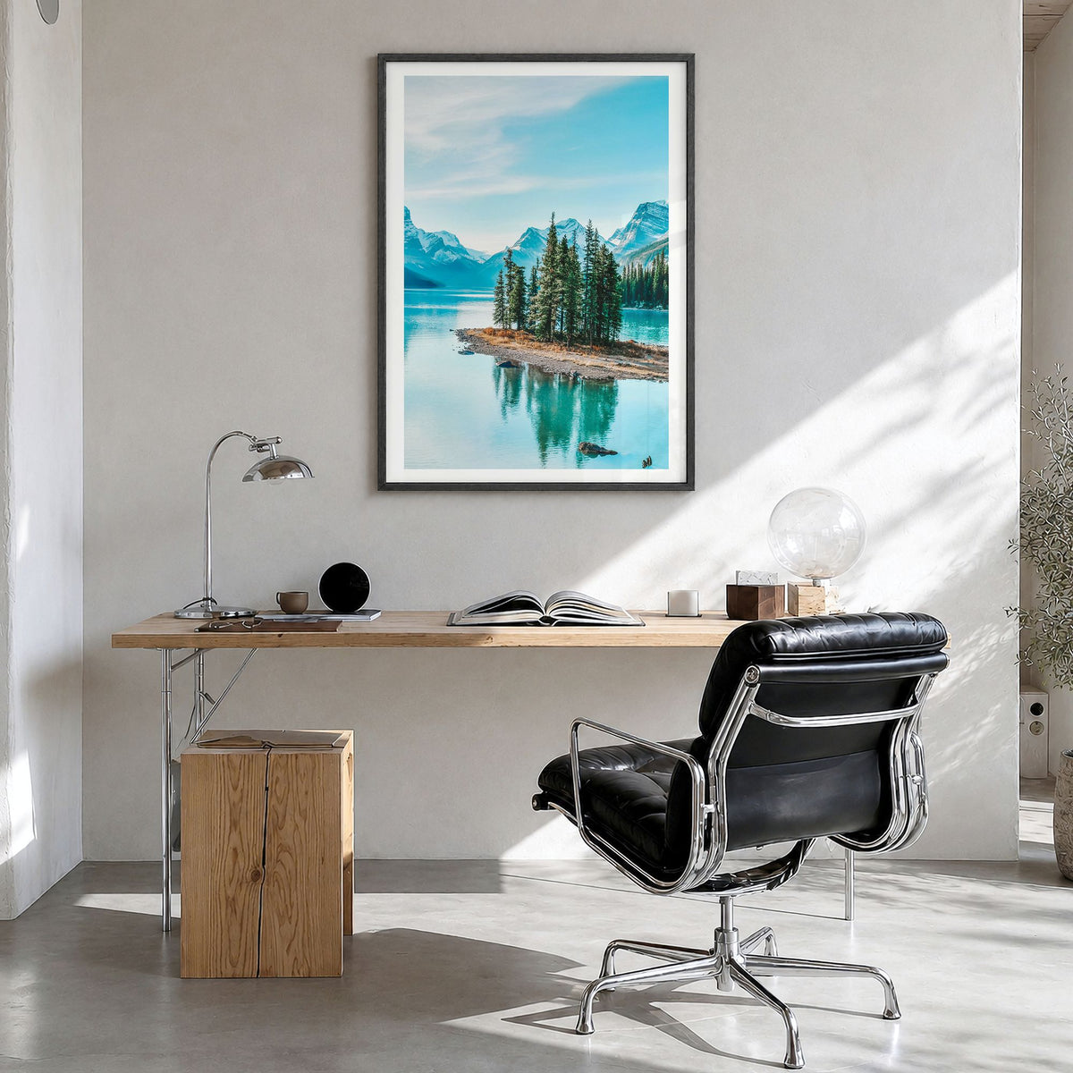 Canada Photo No 1 Poster in a black wood frame, hanging in a bright home office, white border