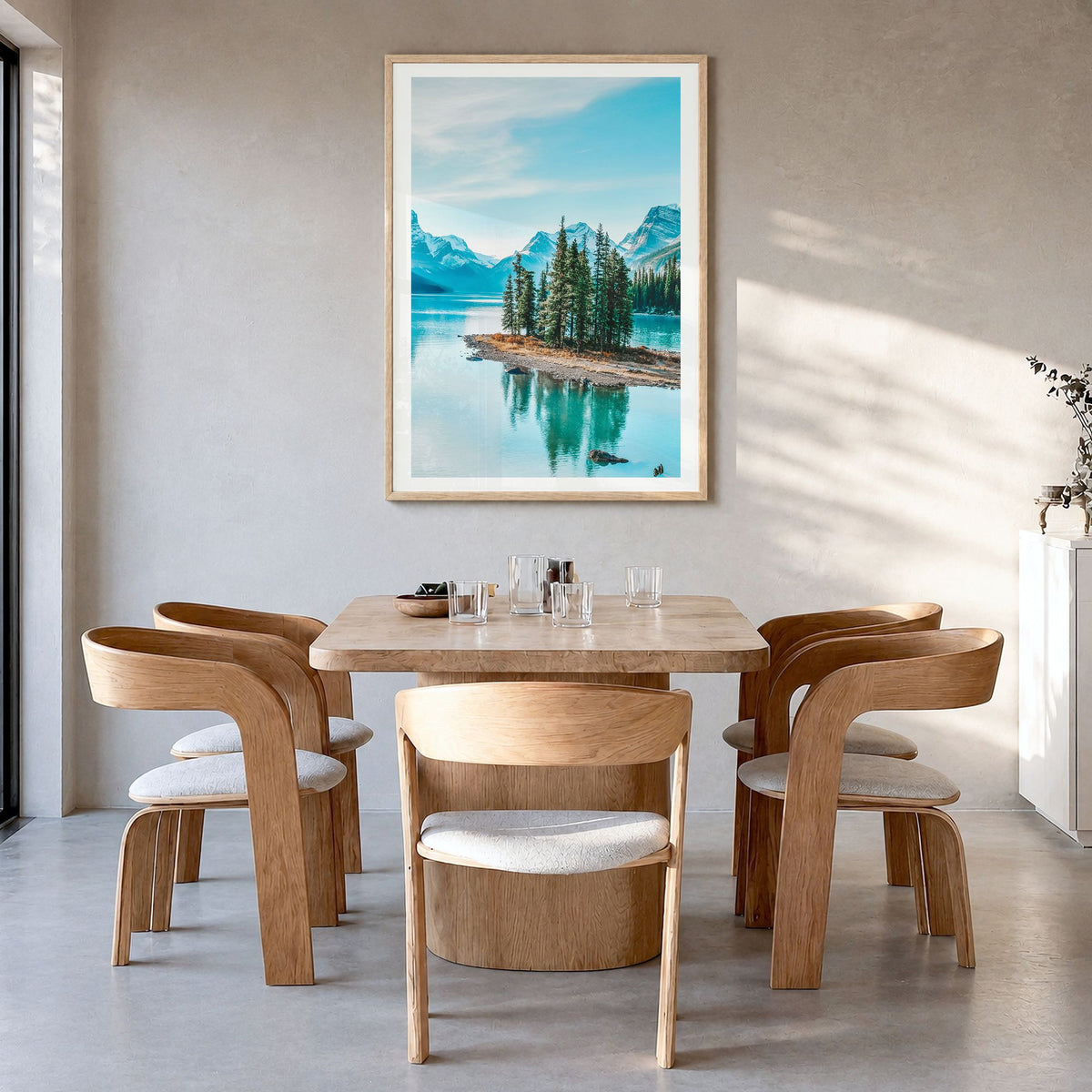 Canada Photo No 1 Poster in a natural wood frame, hanging in a dining room, white border