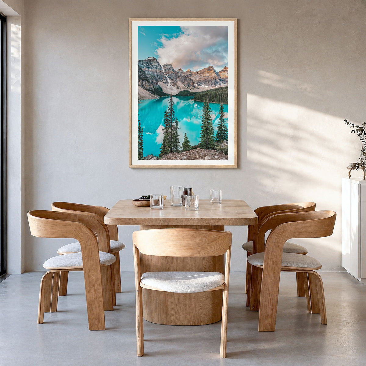 Canada Photo No 2 Poster in a natural wood frame, hanging in a dining room, white border