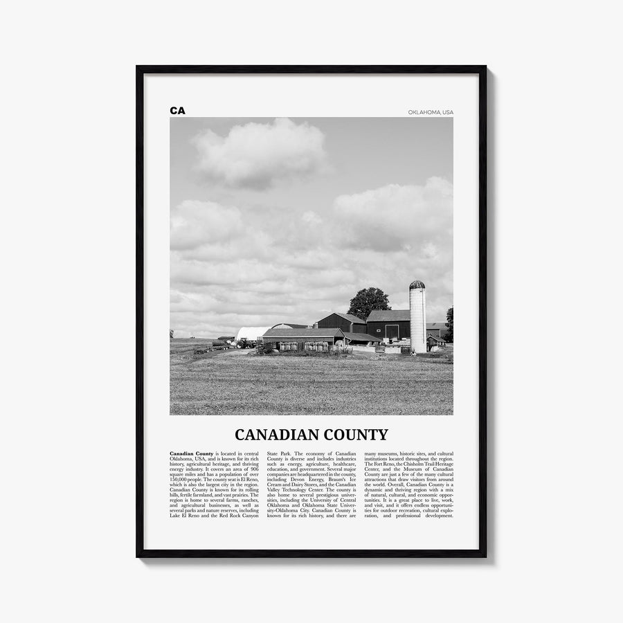 Canadian County black & white newspaper poster of Oklahoma, USA – vertical wall art, unframed print shown in interior mockup