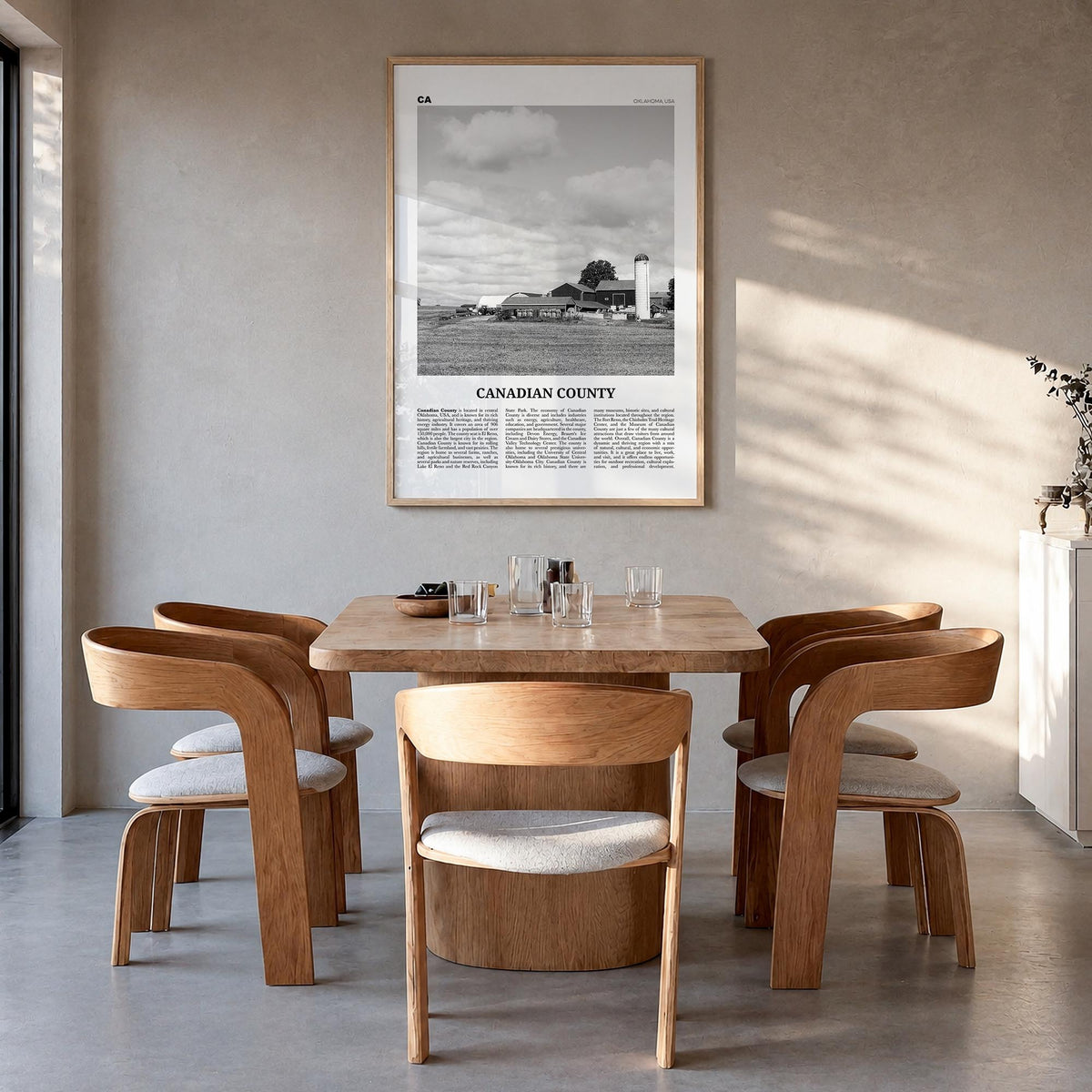 Canadian County black & white newspaper poster of Oklahoma, USA – vertical wall art in natural wood frame, hanging on wall