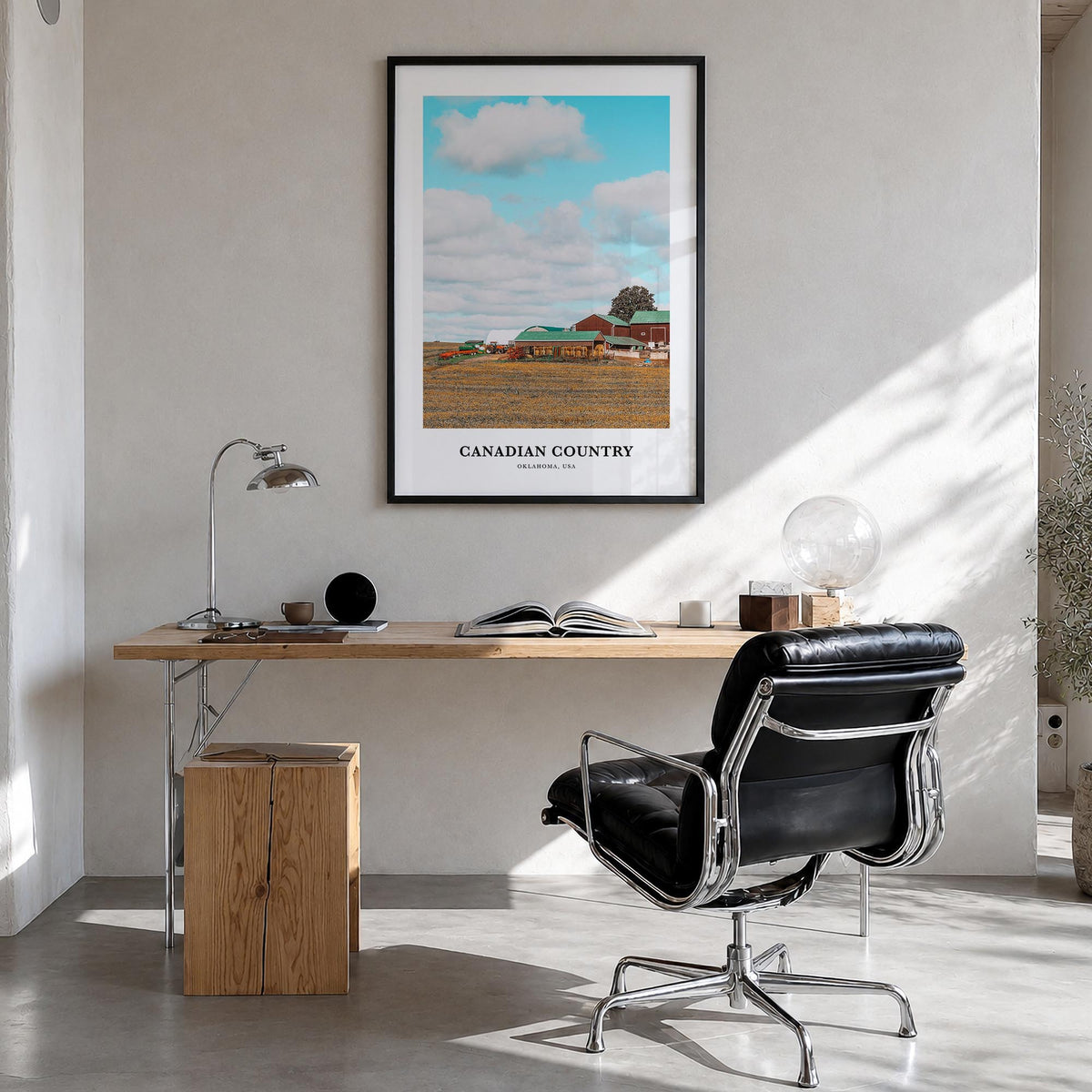 Canadian County colorful classic poster of Oklahoma, USA – vertical wall art in black wood frame, hanging on wall
