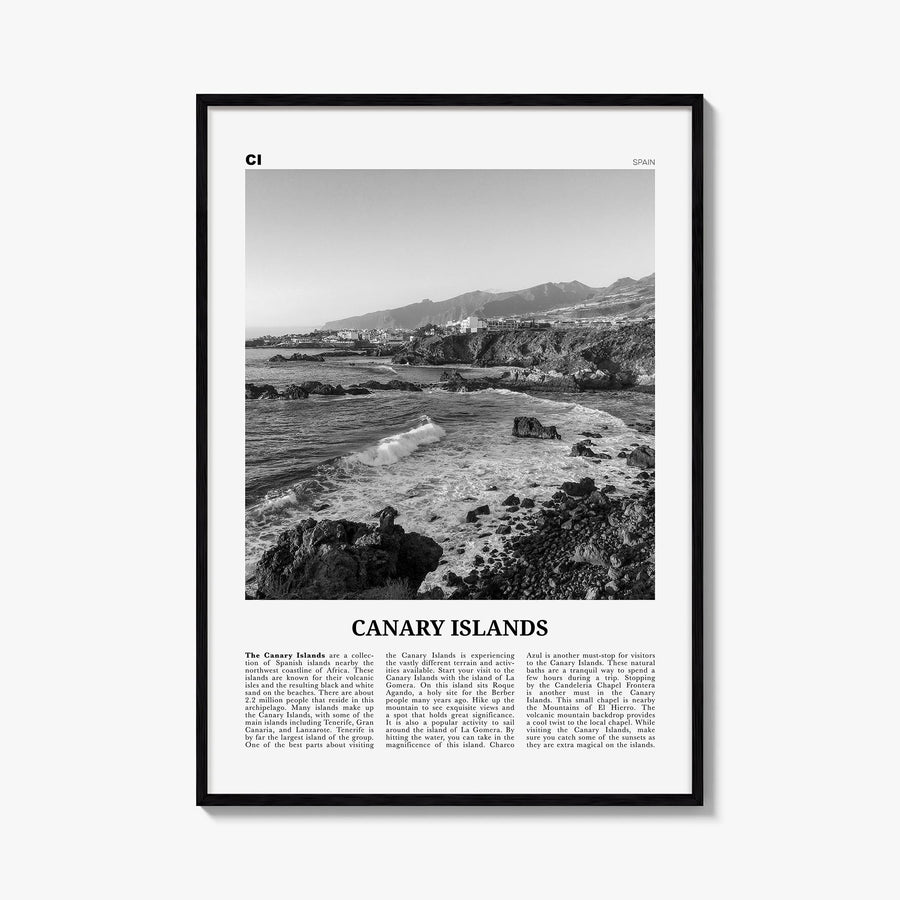 Canary Islands black & white newspaper poster of Spain – vertical wall art, unframed print shown in interior mockup